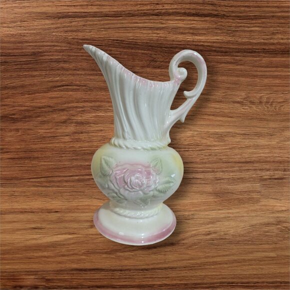 Vintage USA Ceramic Pitcher With Pink Roses Floral Relief Yellow-Pink Gradient 1 - Picture 1 of 8